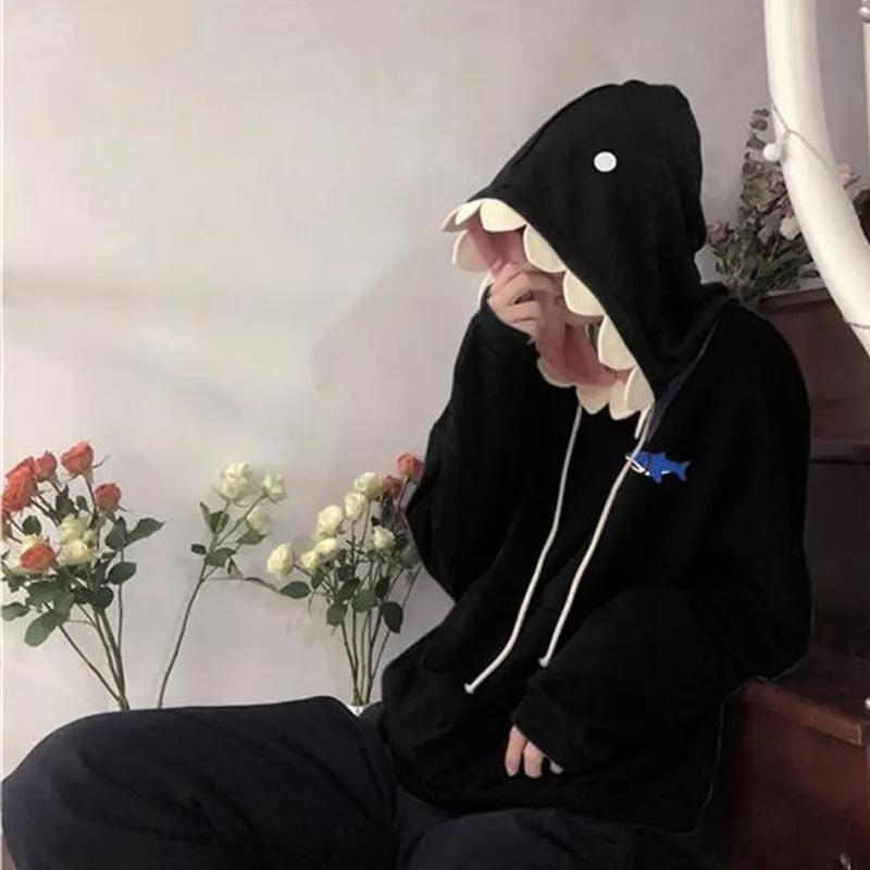Funny Shark Patchwork Hoodies Autumn Kawaii Women's Sweatshirt Oversized Casual Long Sleeve Pullover cotton Couple y2k clothes