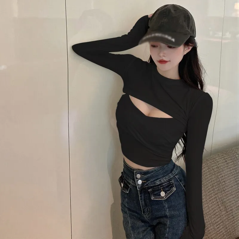 Maxct Women Y2k Sexy Hollow Top Solid Cilir Suspender Round Collar Long Sleeve New Cross Female T Shirt