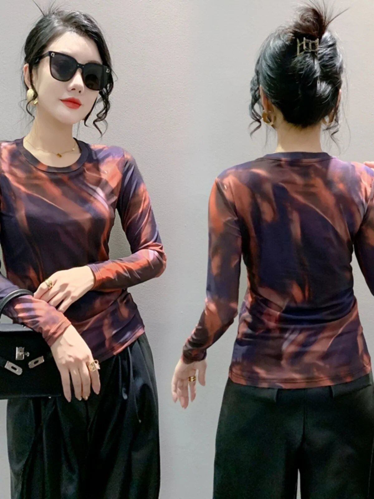 Maxct S-3XL New Vague Printing Mesh T-shirt Women's Round Neck Long Sleeve High Stretch Light Fabric Tees Tops - Image 9
