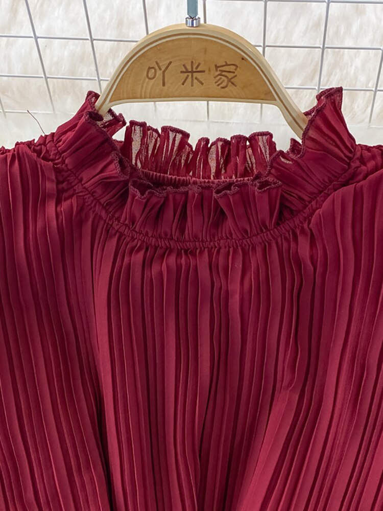 Maxct Women Purple/Pink/Green Draped Dress Vintage Ruffle Stand Collar Sleeveless High Waist Party Pleated Vestidos Female New