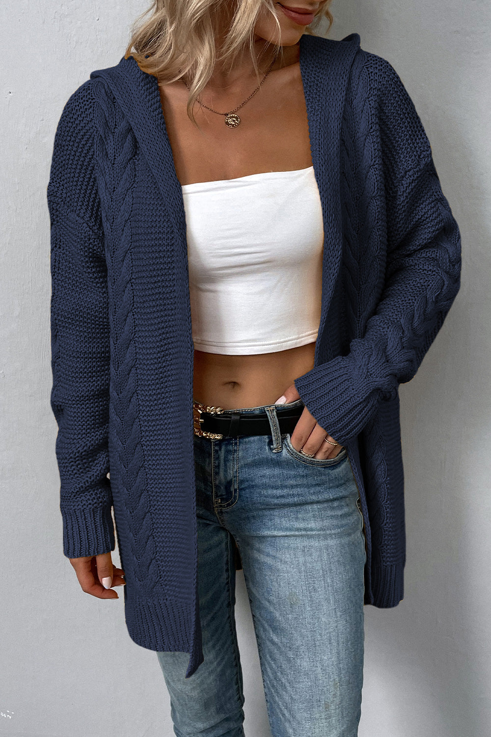 Maxct &Cable-Knit Dropped Shoulder Hooded Cardigan