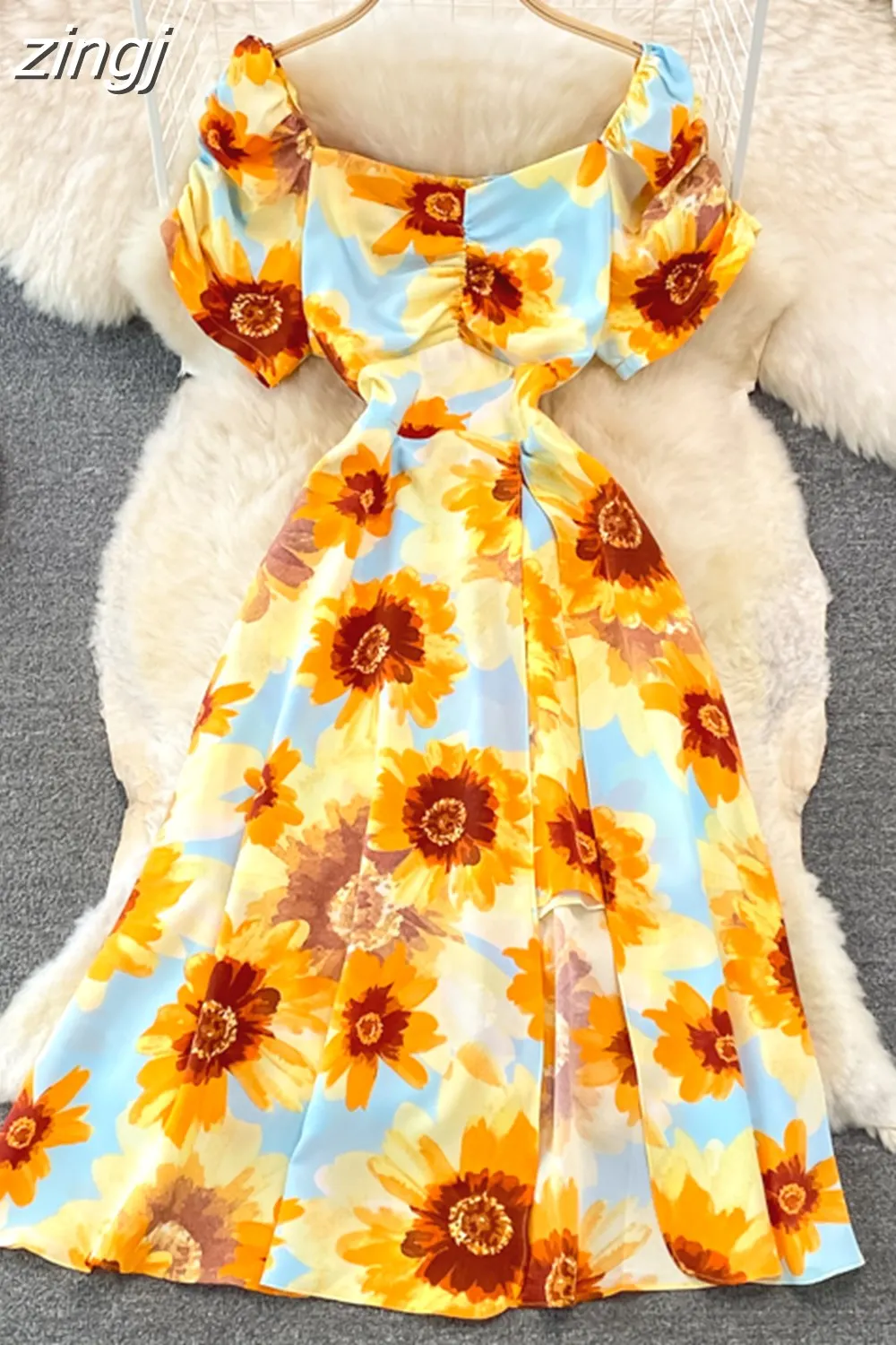 Maxct Vintage Women Printed Dresss Sexy Square Collar Short Puff Sleeve High Waist A-Line Vacation Beach Vestidos Female New