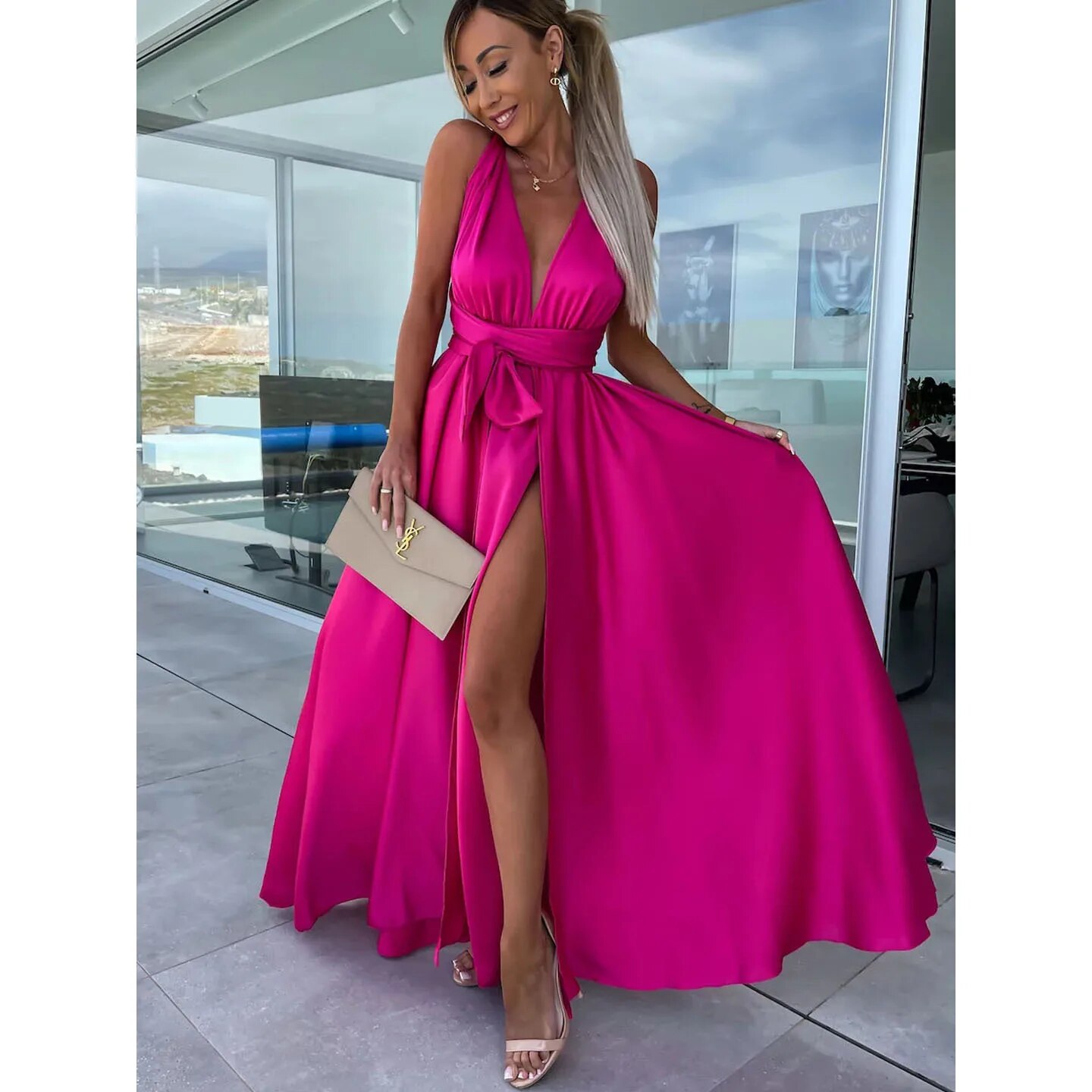 Maxct Summer Sexy Solid Casual Women Dress Sleeveless Deep V Tie Up High Split Long Dress Evening Party Elegant Lady Maxi Dress