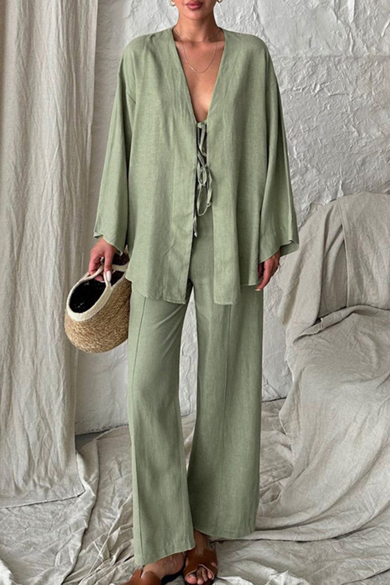 Maxct Tie-front Long Sleeve Shirt Cotton Suits
