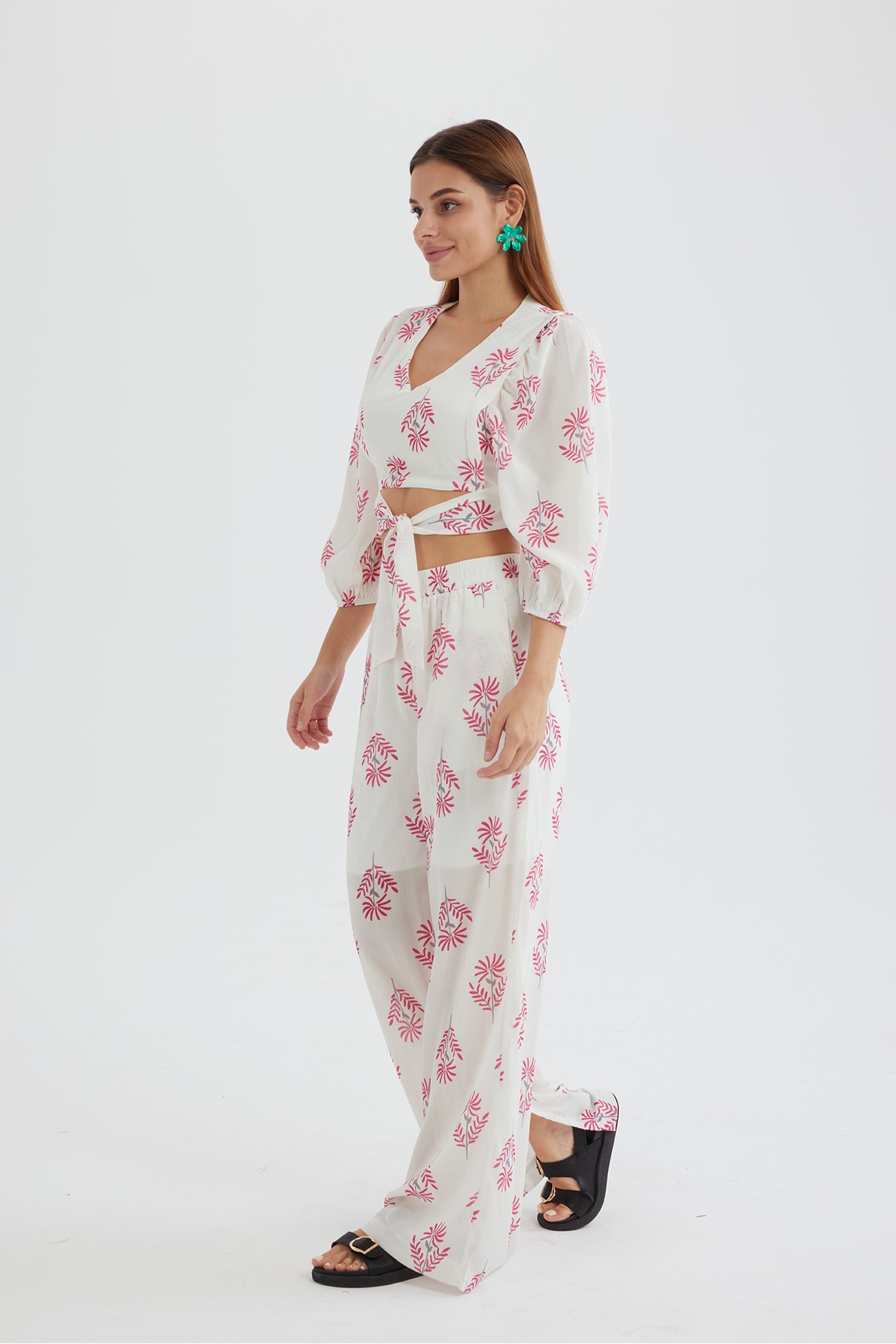 Maxct Floral Print Puff Sleeve Knotted-front Tops Long Pants Suits