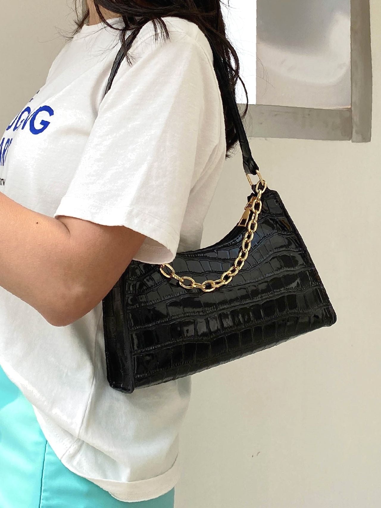 Bag For Love - Chain Decor Croc Embossed Maxct Bag  - Women Maxct Bags