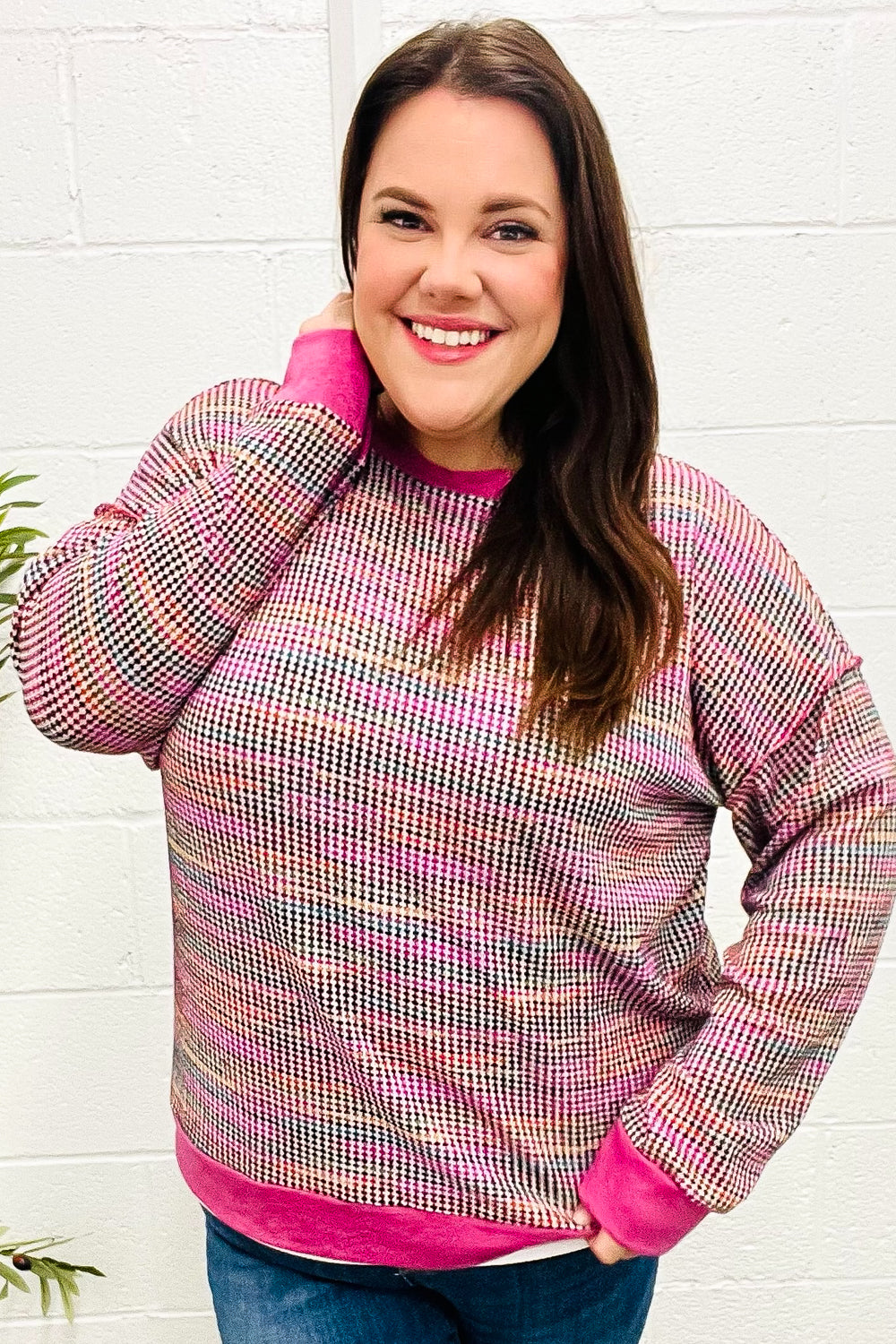 Maxct &Bring Joy Magenta Multicolor Textured Waffle Knit Sweater