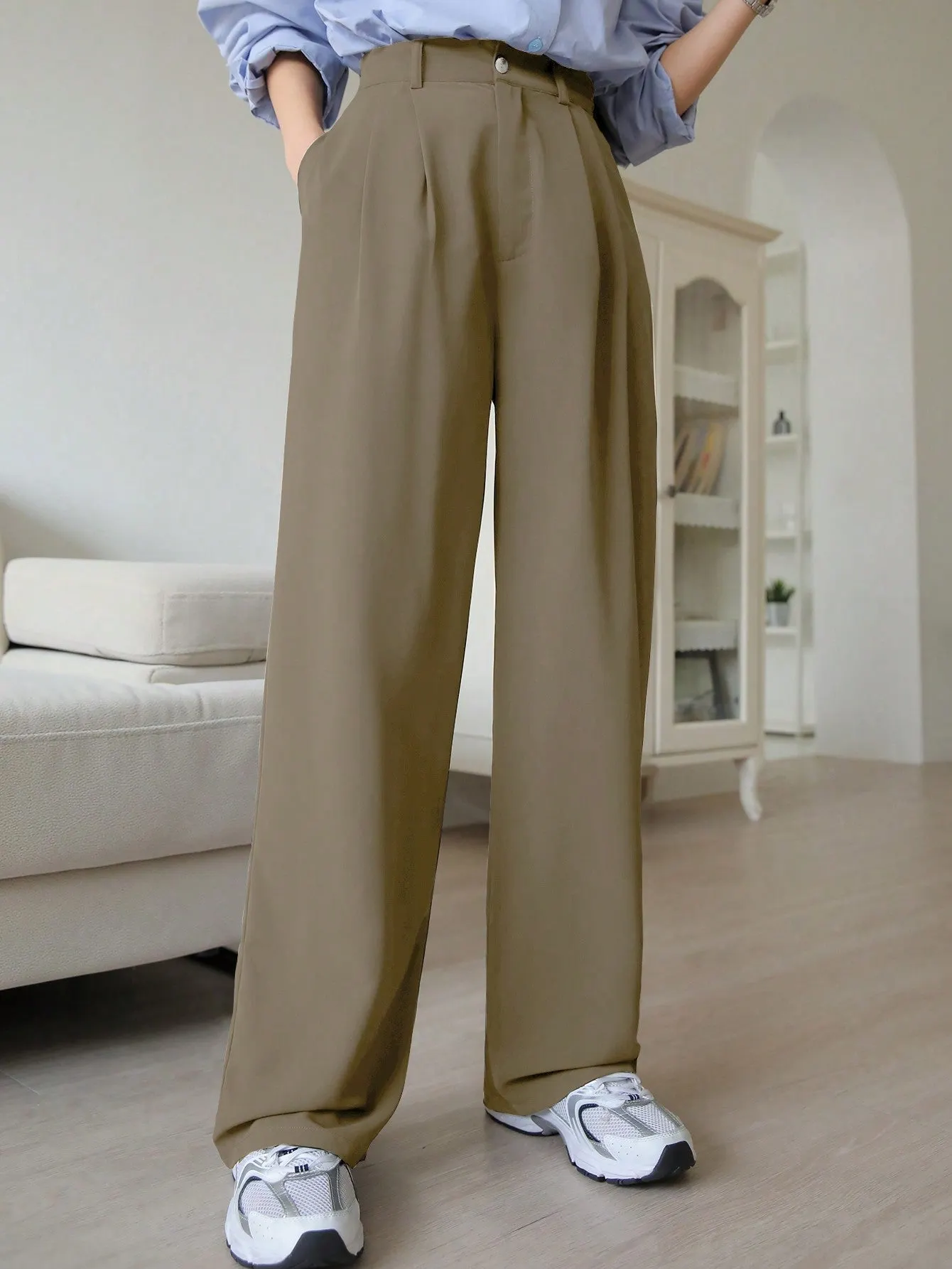 Maxct Women's Fashionable Simple Solid Color Regular Pants For Daily Wear