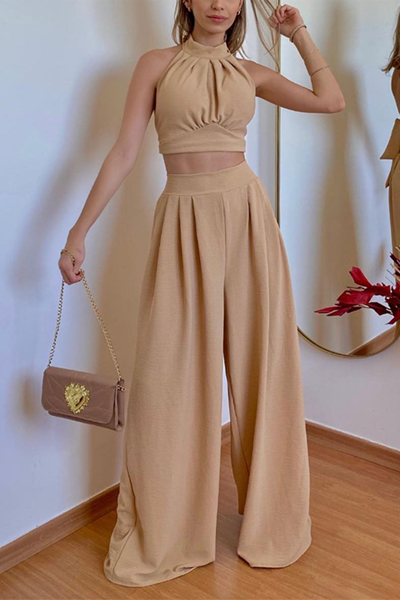 Maxct Halterneck Backless Tie Crop Top Wide Leg Pants Set