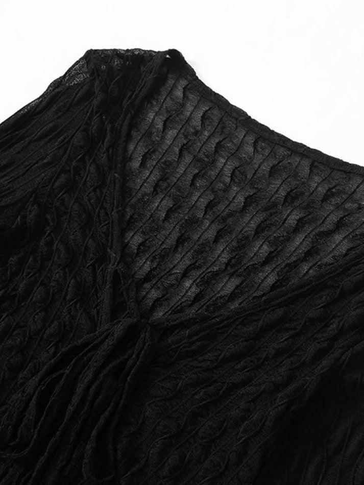 Maxct-Perspective Mesh Lace Up Long Sleeve Blouse