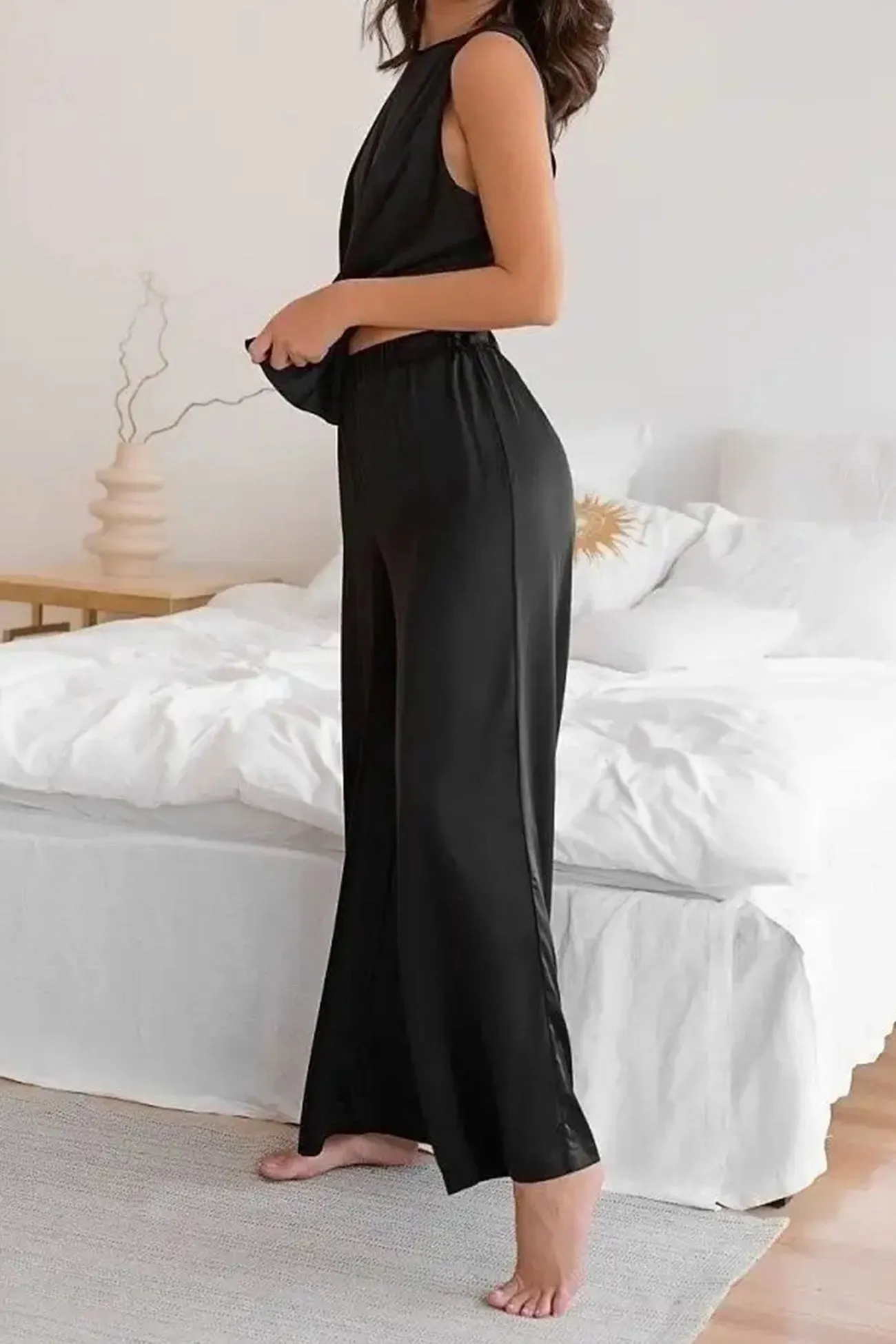 Maxct Satin Slit Tank Top Wide Leg Long Pants Set