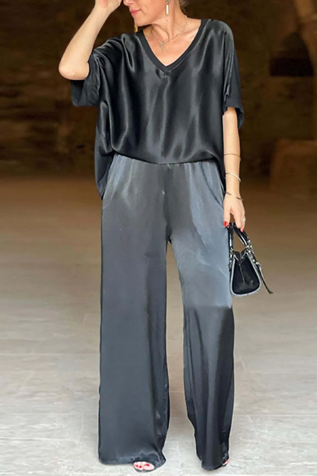 Maxct Satin V Neck Half Sleeve Long Pant Set