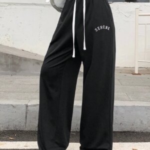 Maxct Women's Elastic Waistband Jogger Pants With Contrast Color Drawstring And Letter Print