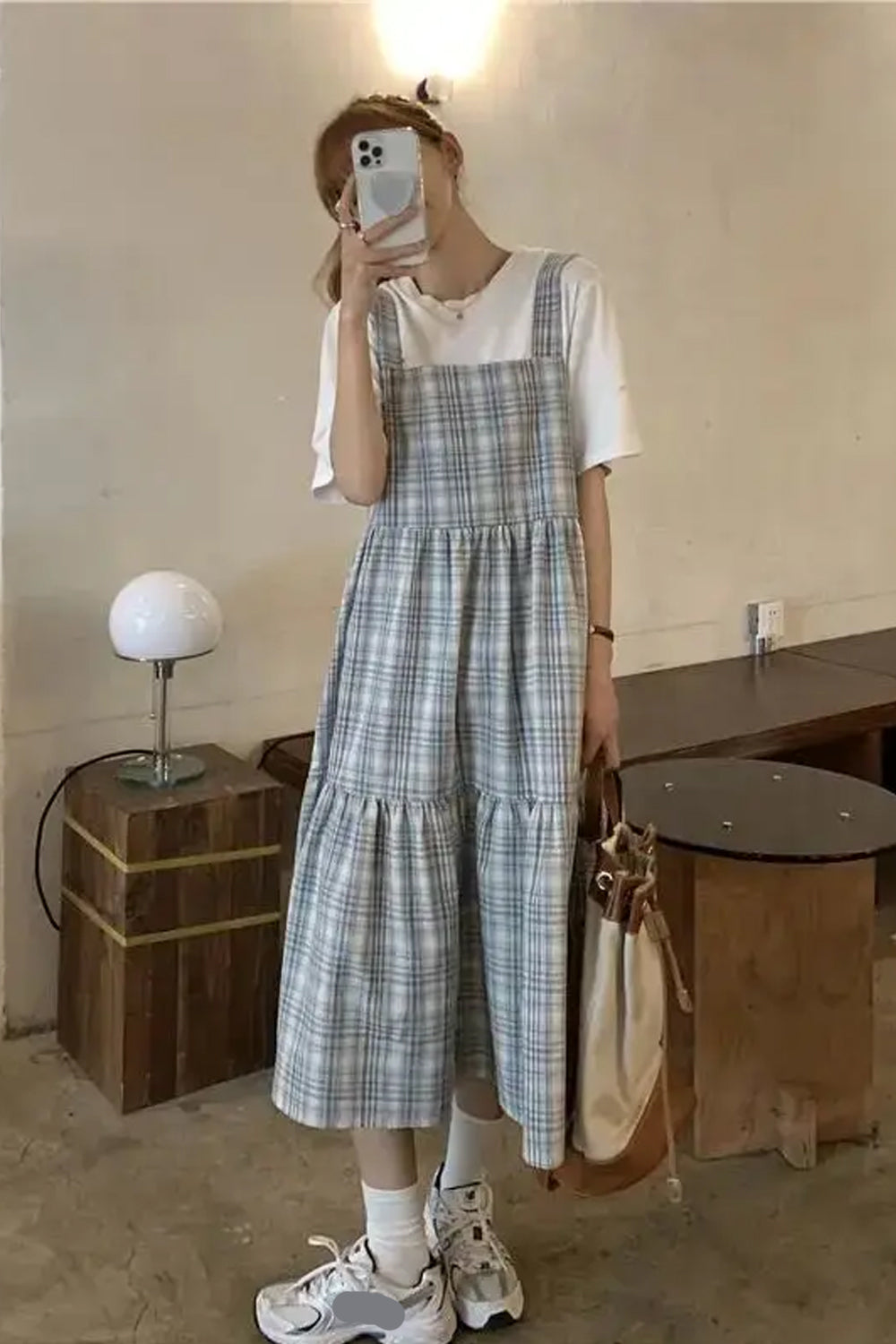 Square Collar Lovely Plaid Long Dress Maxct