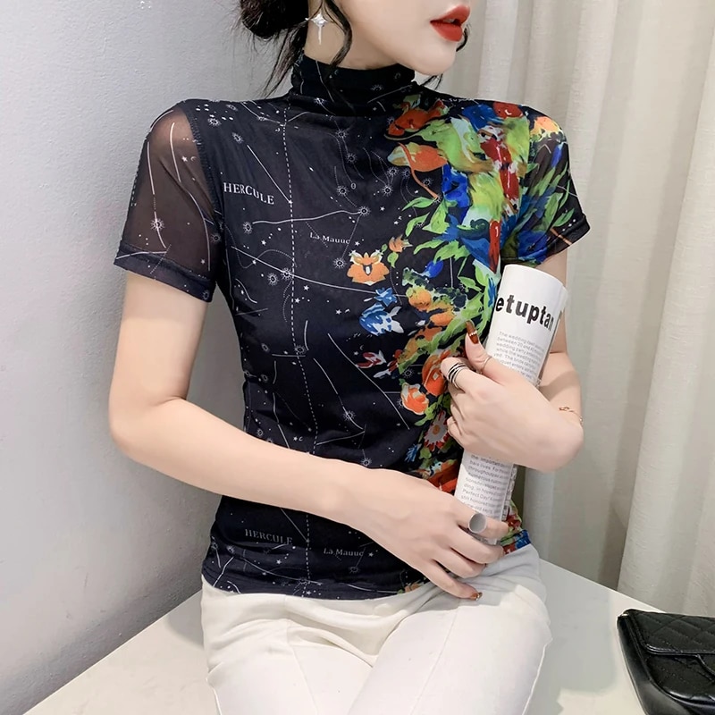 Maxct Printed Mesh T Shirt Women Short Sleeve Turtleneck TShirts Lady Basic High Stretch Tops Tees
