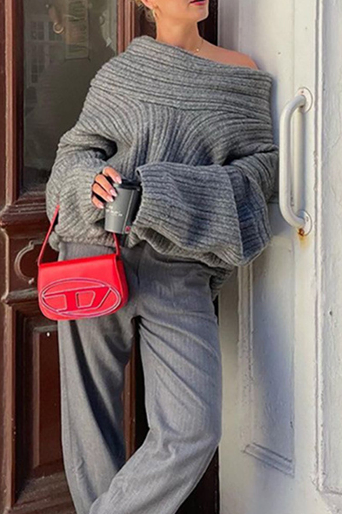 Maxct-Off-Shoulder Sweater Midi Skirt Suits