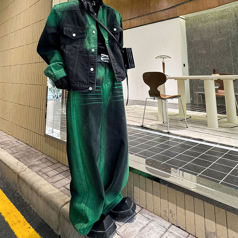 Maxct Spray-painted Denim Jacket and Wide-leg Trousers Two-piece Set