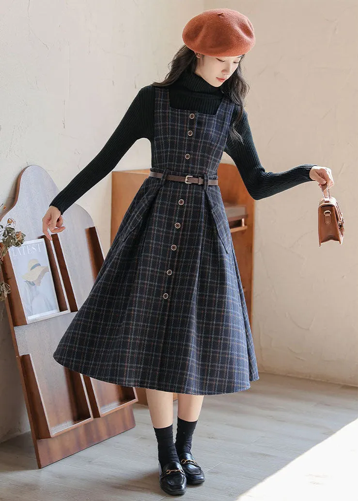 Button Up Plaid Pinafore Dress Maxct