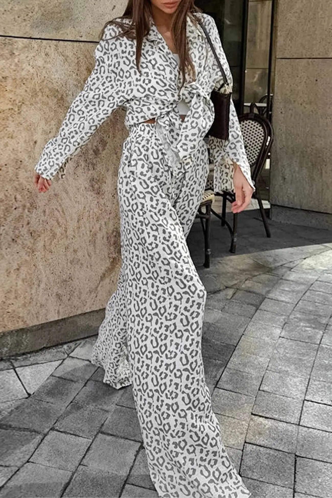 Maxct Cotton Leopard Shirt Long Pants Two-Piece Set