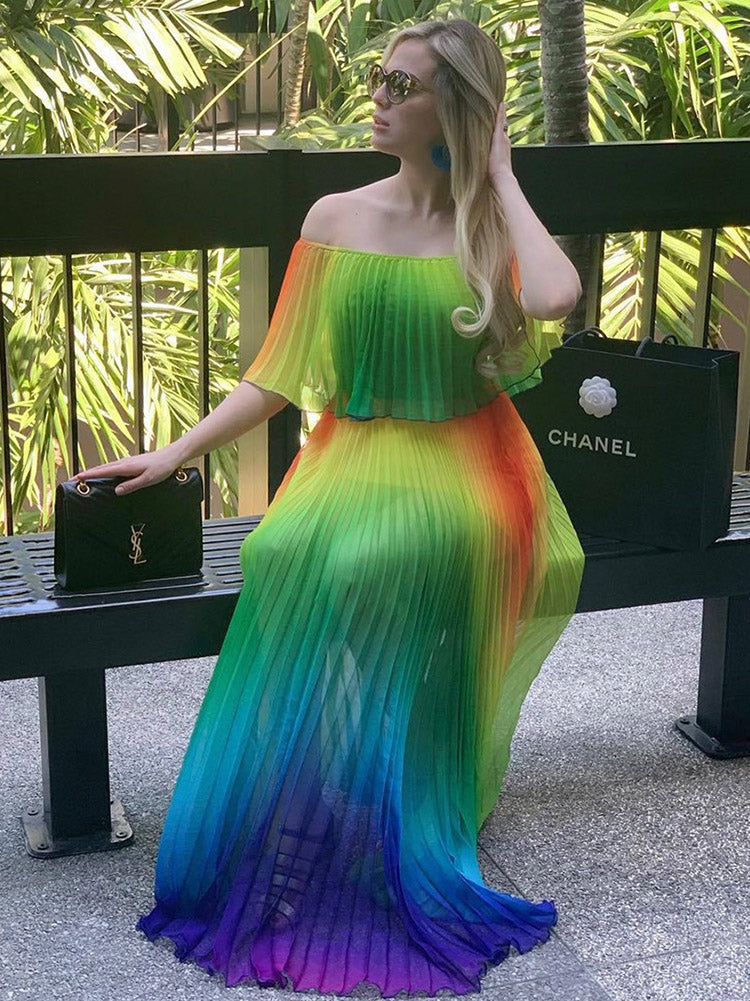 Off Shoulder Colorful Ombre Pleated Maxi Dress Maxct