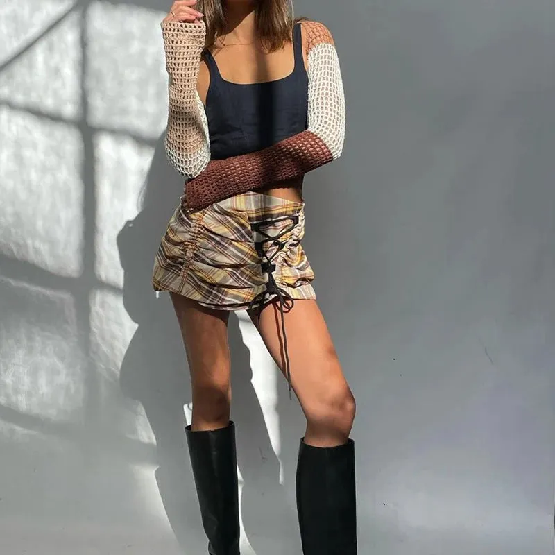 Maxct Sexy Crop Top Y2K Patchwork Crocheted Shawl Long Sleeves Mini Cover-ups Knitted Hollow Out T-shirt Women Fashion Streetwear