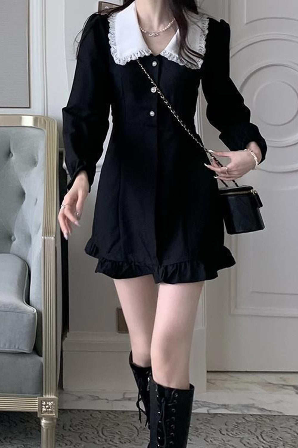 Long Sleeve Peter Pan Collar Ruffle Mini Dress Maxct
