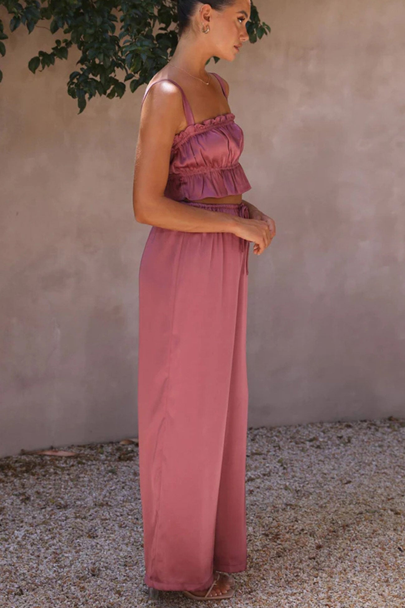 Maxct Smocked Ruffle Cami Crop Top Wide Leg Long Pants Set
