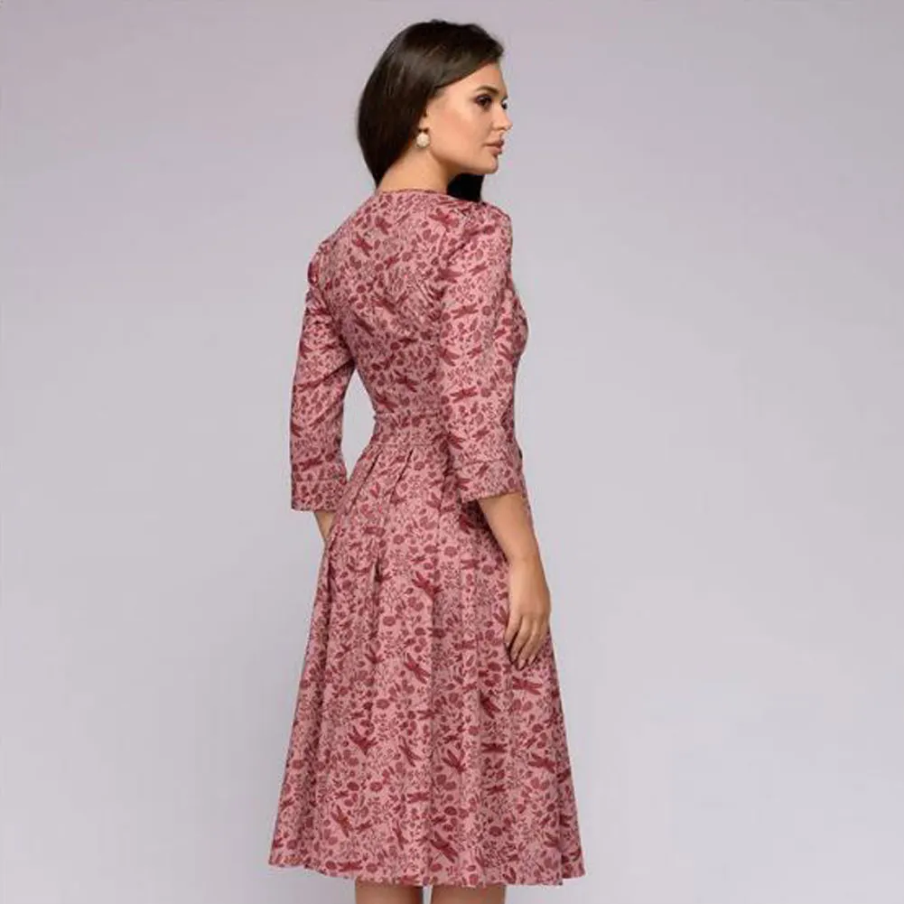pleated tunic print dress women Elegant ladies A line dresses Long sleeve female autumn mixi party dress vestidos