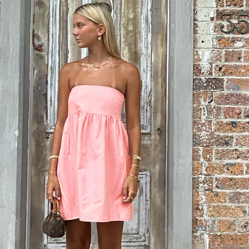 Elegant Solid Strapless Dress Women's Sleeveless Beach Vacation Short Dress Splice Off Shoulder Loose High Waist Clothing