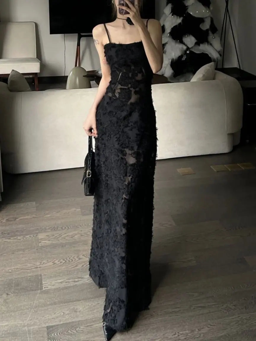Voguable Black Party Midi Dress See-through Strap Y2k Dress FeLace Chic Korean Slim Vintage Dress New Maxct