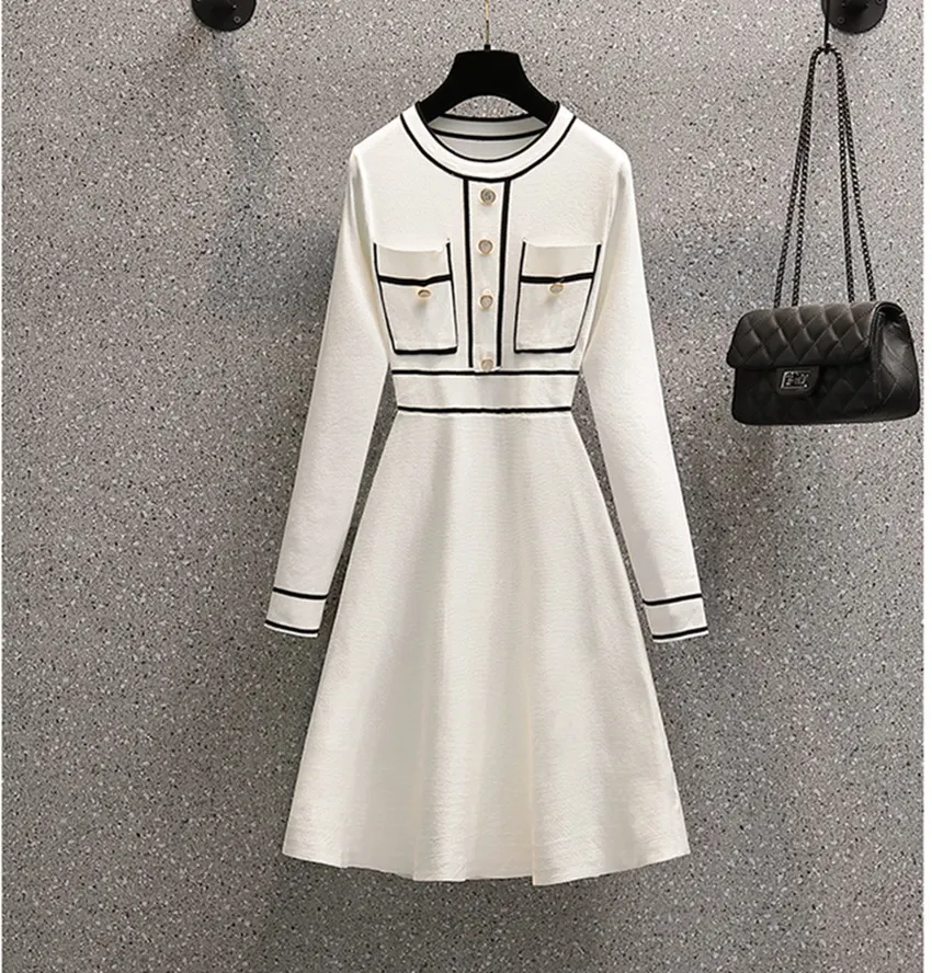 Maxct Size Autumn Winter Striped Patchwork Knitted Dress Elegant Women O Neck Button Long Sleeve White Sweater Dresses 4XL