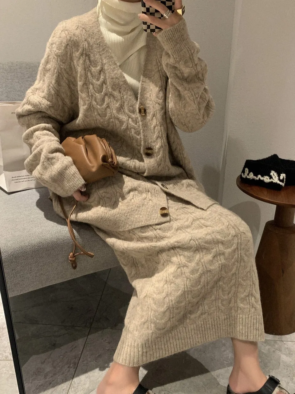 Maxct Casual Knitted Cardigan&Skirt 2 Piece Suit