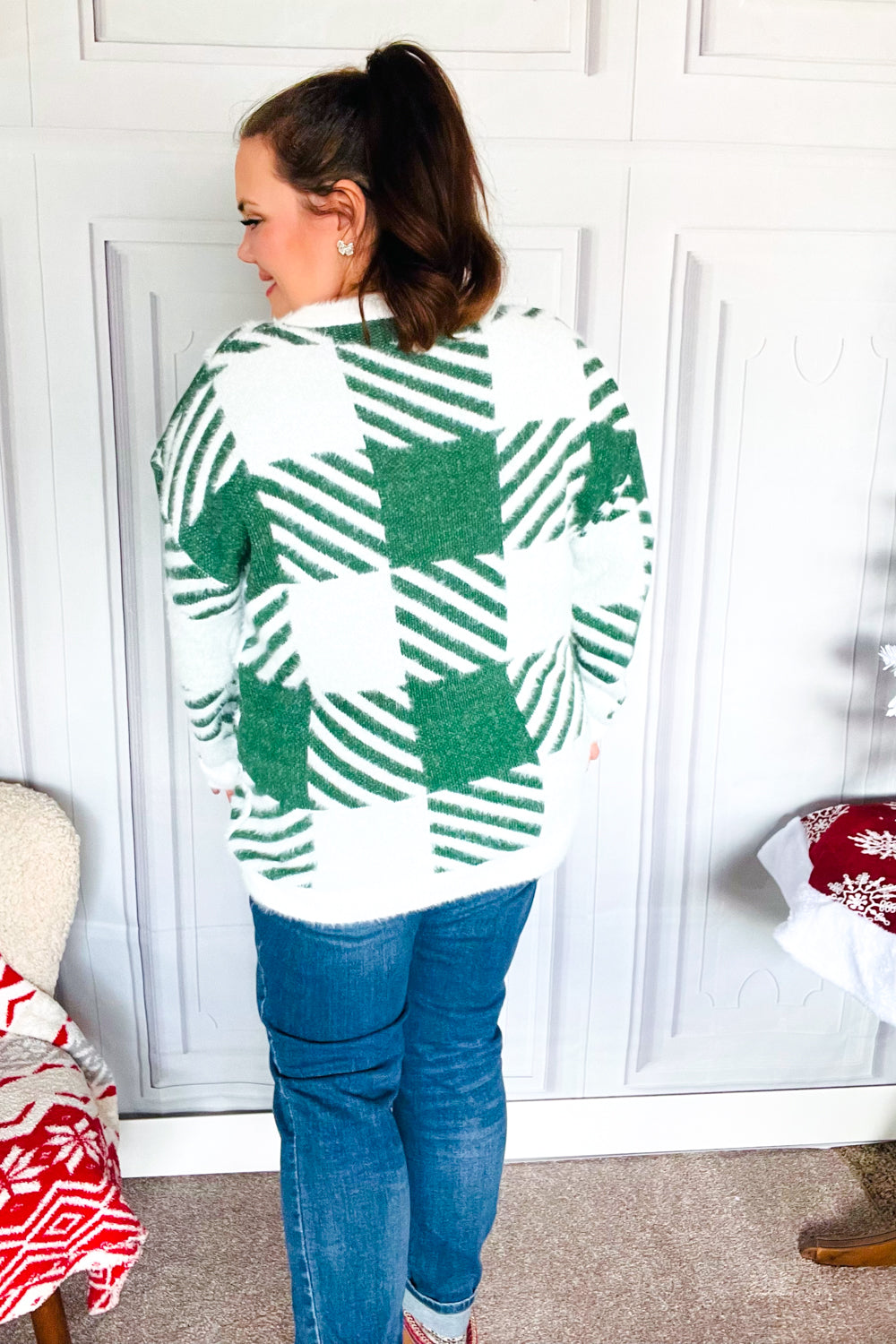 Maxct &Under The Christmas Tree Green Plaid Soft Brushed Hairy Sweater
