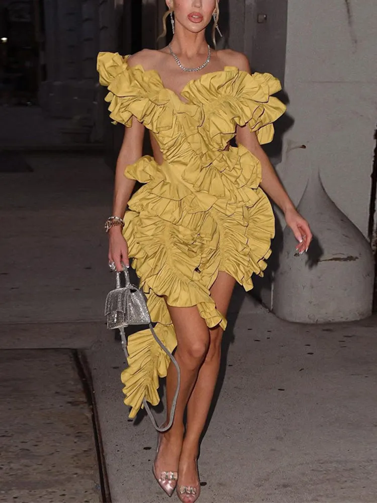 Butterfly Sleeve Floral Ruffles Dress Maxct