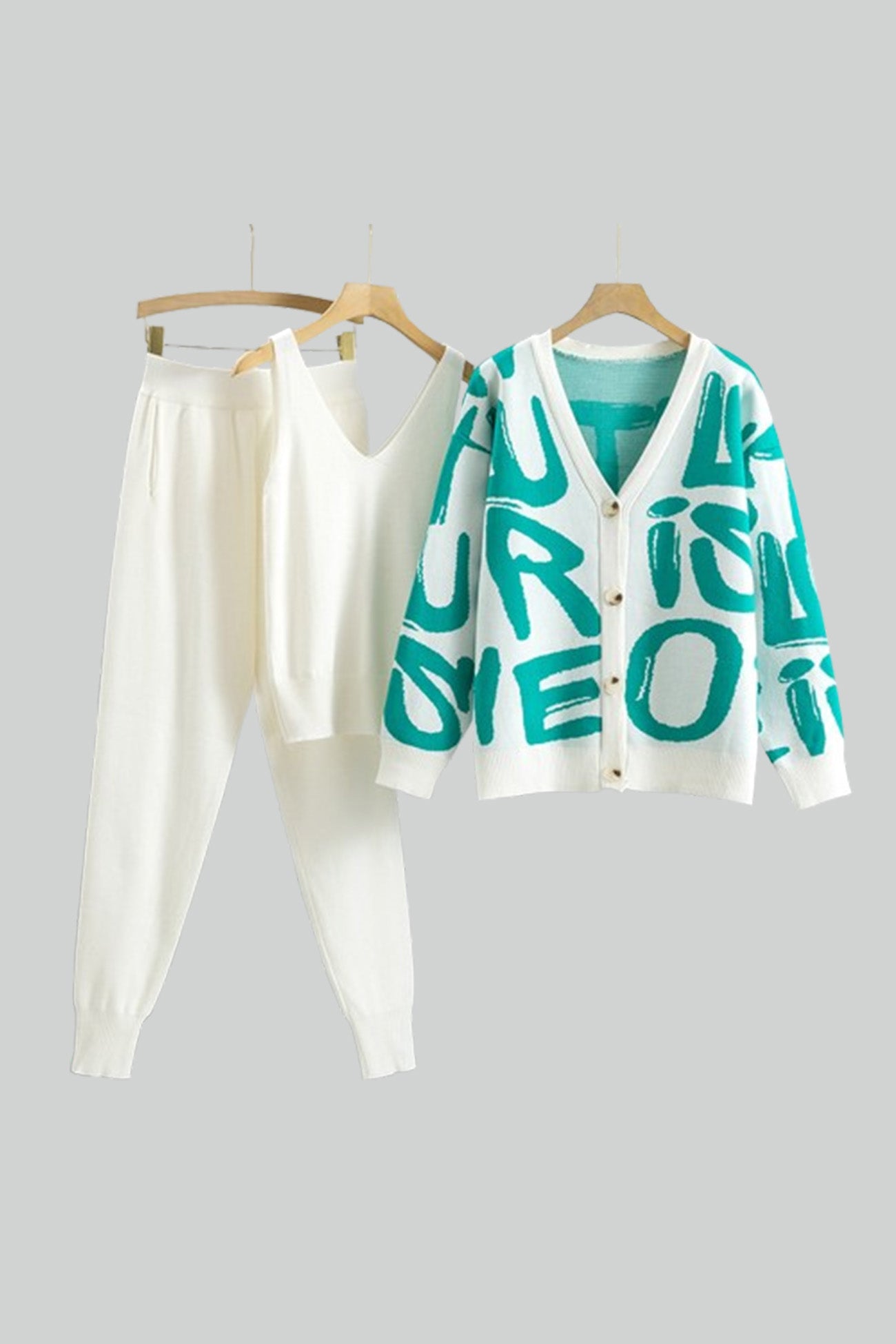 Maxct Letter Printed Cardigan Vest Long Pant Three Piece Set