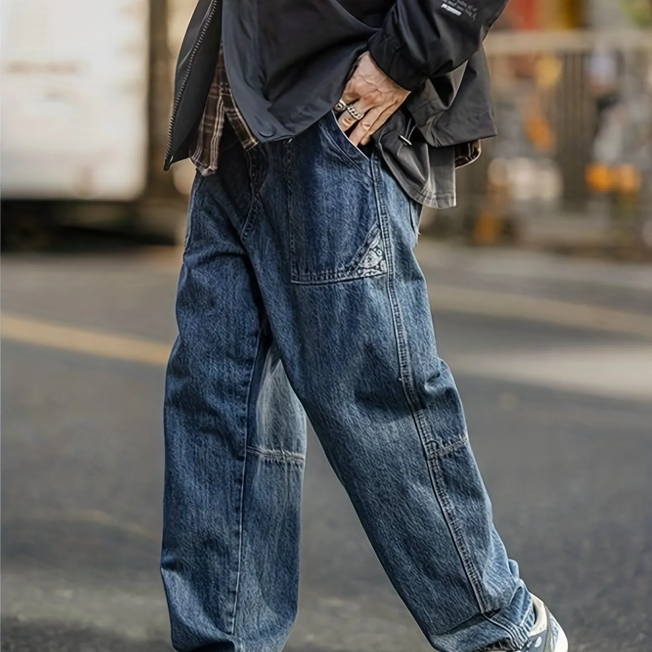 Maxct  Wide Leg Cotton Jeans, Men's Casual Street Style Patchwork Denim Pants For Spring Summer