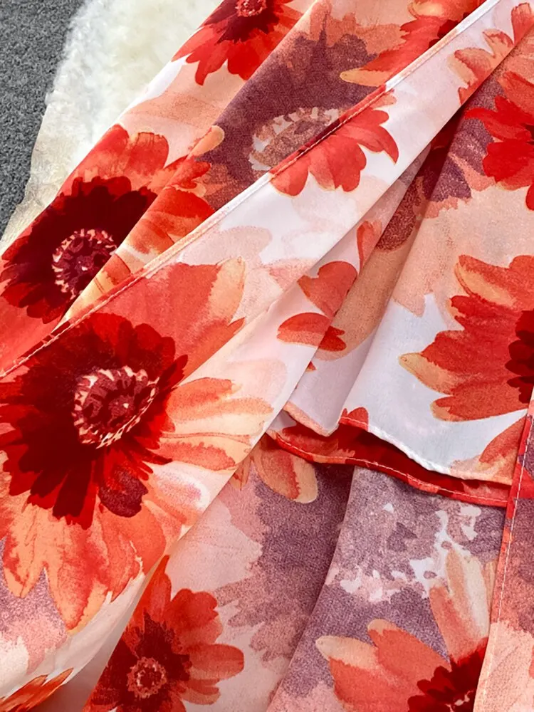 Vintage Women Printed Dresss Sexy Square Collar Short Puff Sleeve High Waist A-Line Vacation Beach Vestidos Female New