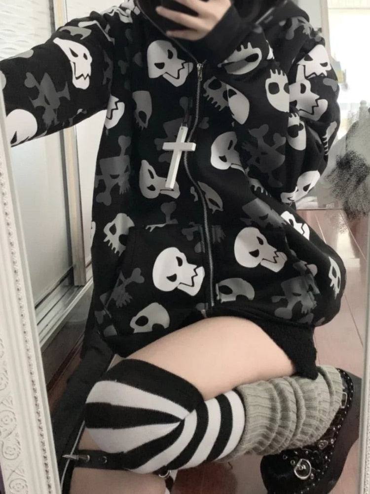 Skull Zip up Hoodie for Women Maxct