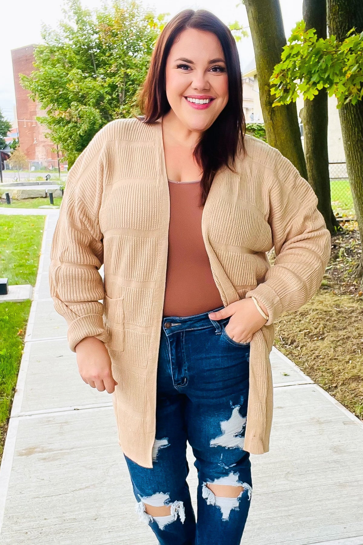 Maxct &You Got This Oatmeal Striped Knit Open Cardigan