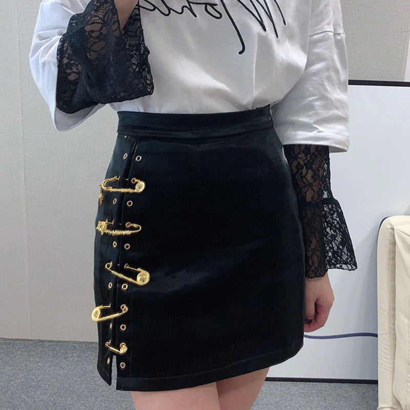 Pins Asymmetrical Leather Mini Skirt Maxct