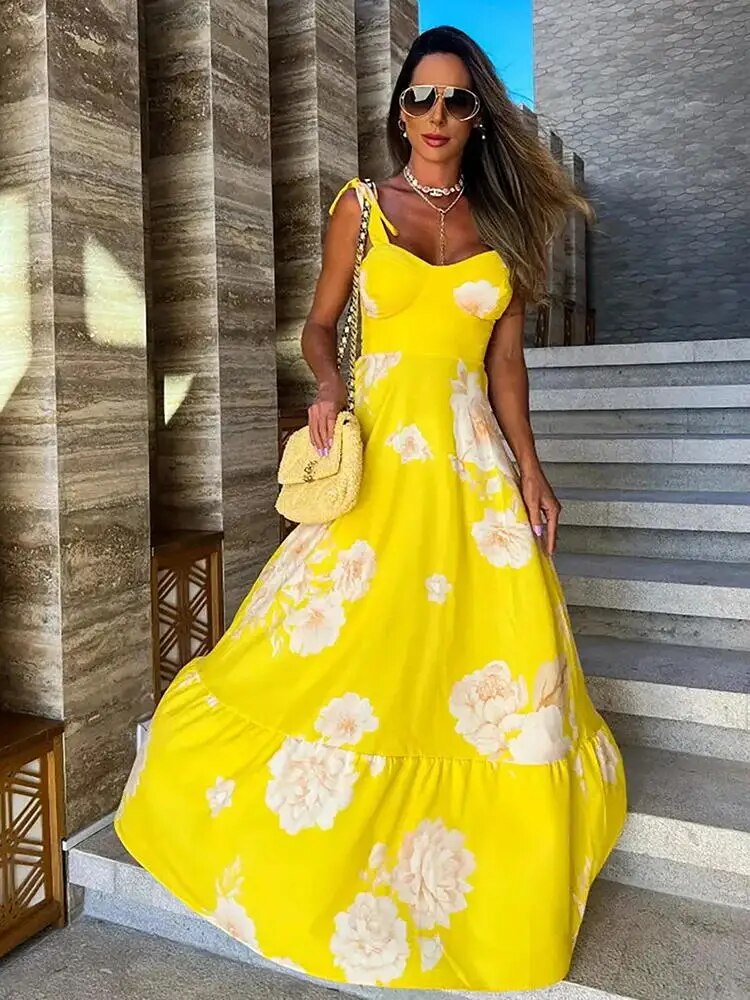 Maxct Floral Printed Yellow Dresses For Women Elegant Sleeveless Long Dress Holiday Lace Up Robe Summer Bodycon Vestidos Feminino