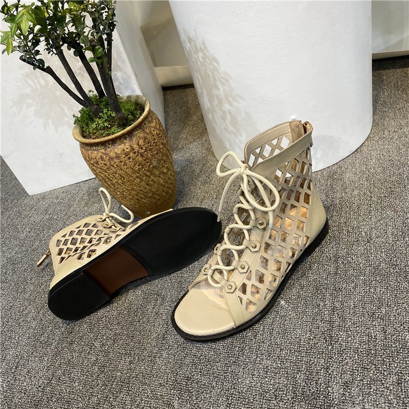 Strappy Sandals Boots Open Toe Back Zipper Flat Gladiator Sandals Maxct