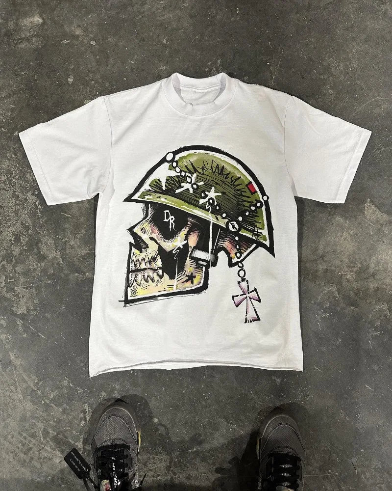 Maxct American Gothic Skull Letter Print Oversized T-Shirt Women's Y2K High Street Loose Casual Harajuku Round Neck Short Sleeve Top 1017