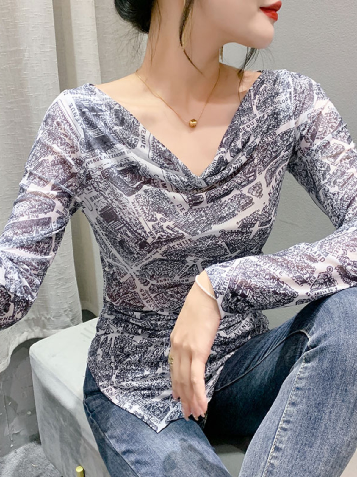 Maxct Autumn Mesh T-shirt Women Full Sleeve Irregular Hem Elegant High Stretch Slim Top