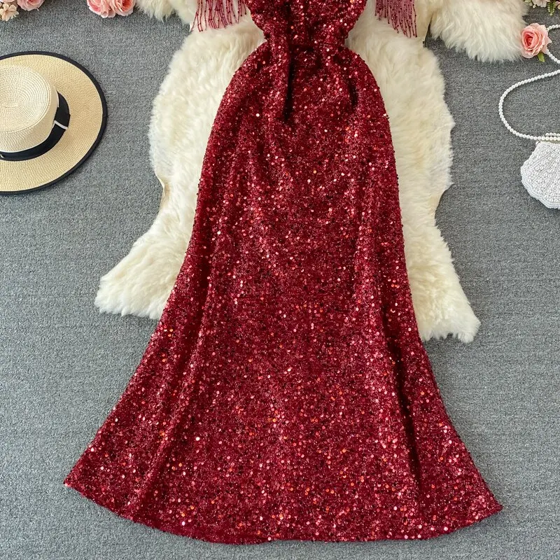 Sequins Party Maxi Dress For Women Sexy V-Neck Short Sleeve High Waist Tassel Long Robe Female Elegant Vestidos