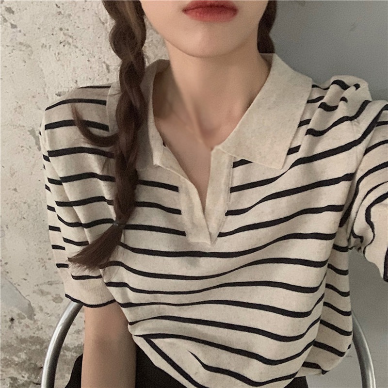 Maxct Women's Knitted Short Sleeve Top T-shirt Loose French Stripe Shirt