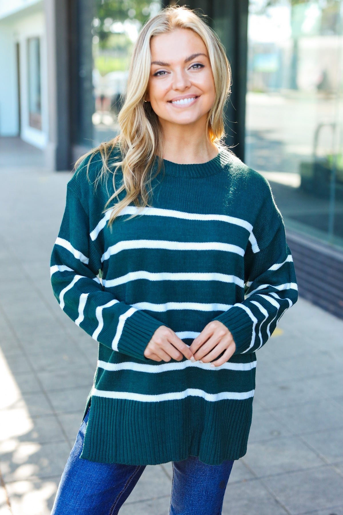 Maxct &Stand Out Hunter Green Striped Oversized Knit Sweater