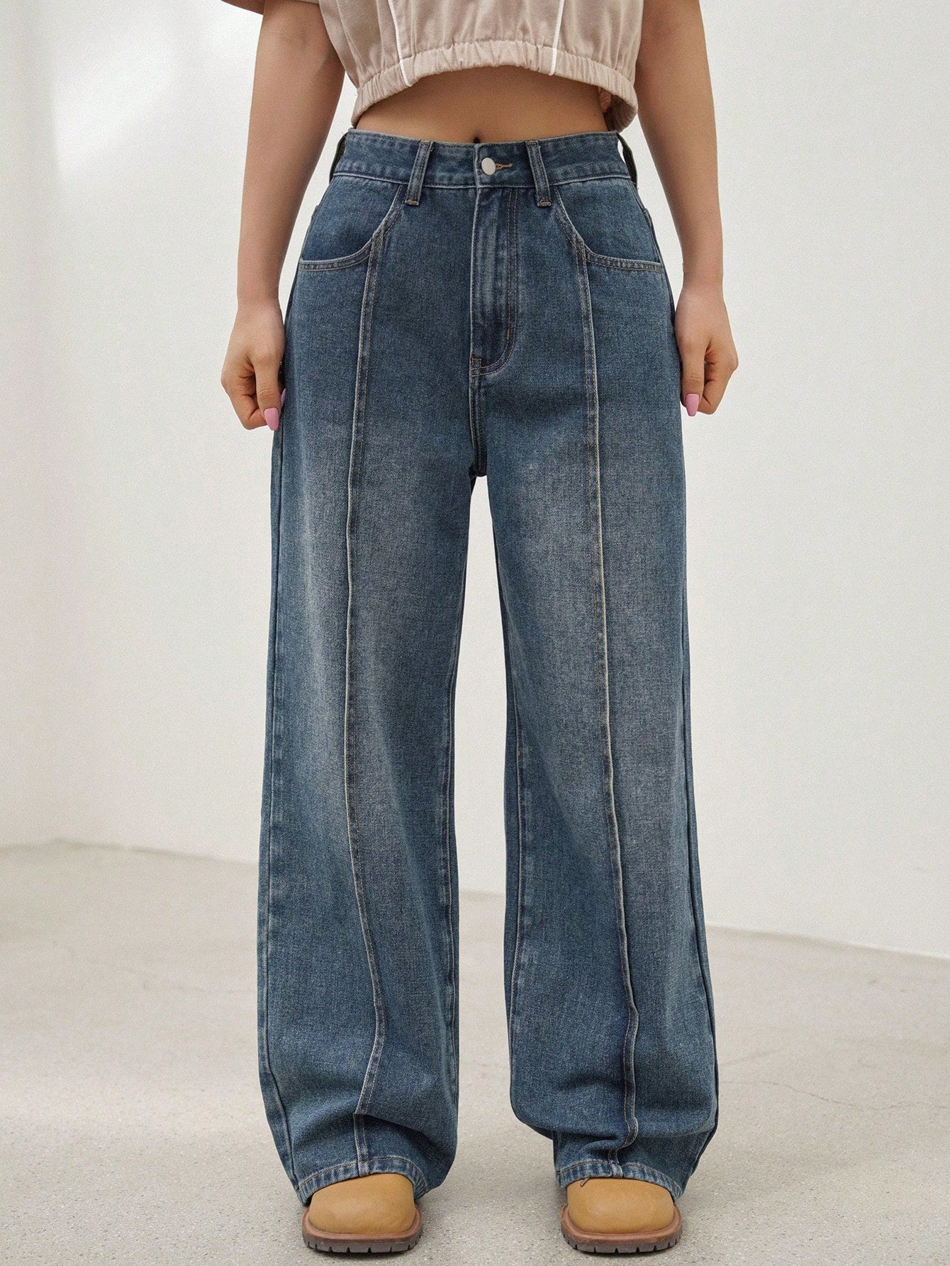 Maxct Women's Retro Washed Blue Denim Pants With Artistic Patchwork Design