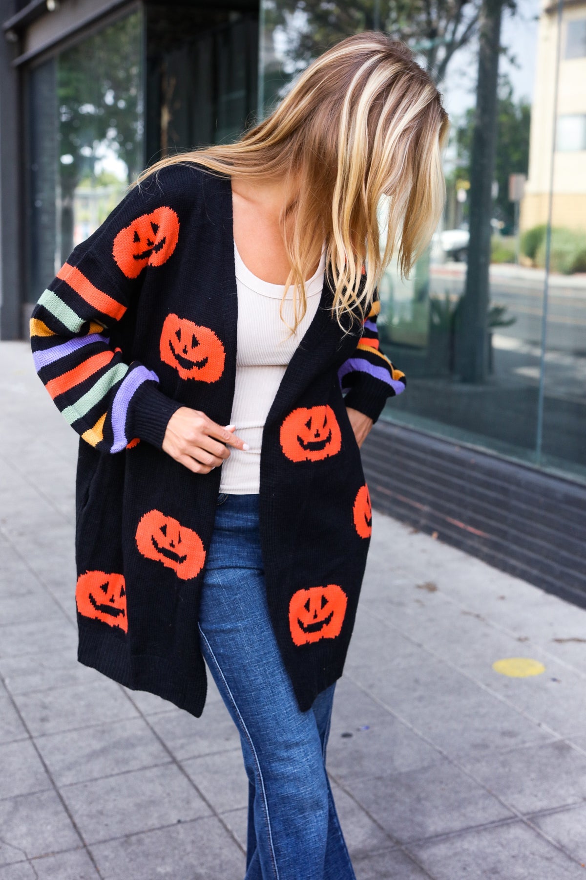 Maxct &Pumpkin Multicolor Stripe Jacquard Knit Open Cardigan