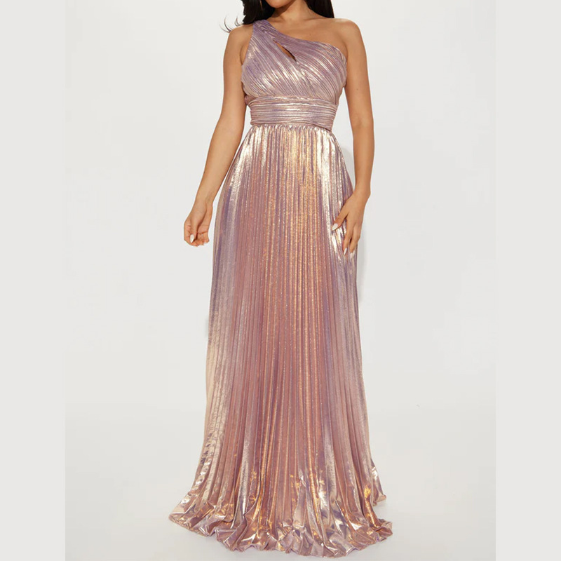 Maxct Fall 2024 New Women's One Shoulder High Waist Side Zipper Pleated Large Swing Skirt Party Dress - Image 6